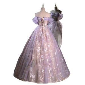 Pinkish Purple Off Shoulder Sequined Ball Gown Evening Dress Empire Waist Floral Print For Women Formal Events - Product Image 5