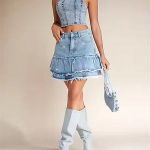 กระโปรงยีนส์ระบายประดับคริสตัลคุณภาพสูง เอวสูง สไตล์วินเทจ ล้างสีแบบแอซิดวอช สำหรับผู้หญิง - Product Image 6