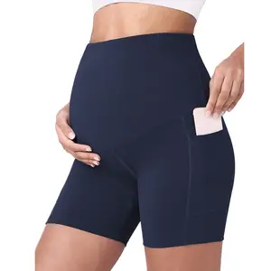 3019 Wholesale Stretch Nylon/spandex Gym Yoga Pants with Side Pocket Comfy Belly Support High Waist Maternity Biker Shorts