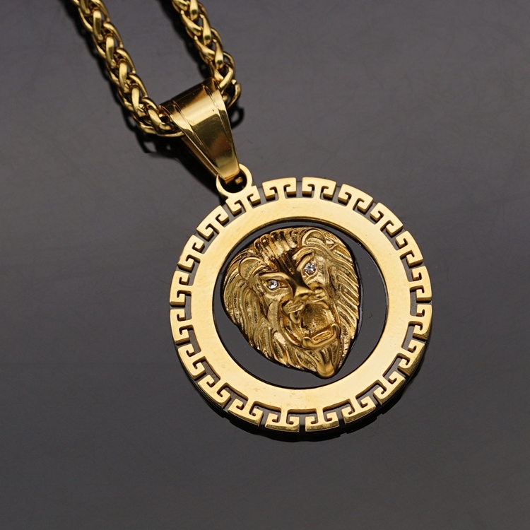 Mens Stainless Steel Punk Lion Head Crown Cross Pendant Biker Necklace