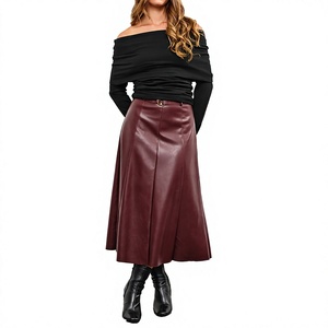 Burgundy Faux Leather A-Line Midi <b>Skirt</b> High Waist Flare Belt Ruffles Breathable Solid Color Women's Streetwear Bottom for - Product Image 4