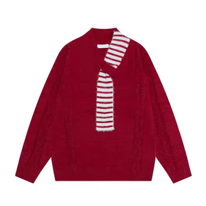 Pull-over tricoté décontracté en <span class=keywords><strong>laine</strong></span>/cachemire personnalisé à col rond avec motif géométrique <span class=keywords><strong>et</strong></span> ceinture décorative – Collection Automne - Product Image 4