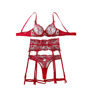 Ensemble de lingerie rétro française 4 pièces, soutien-gorge brodé de roses avec nœud papillon, jarretière et culotte en résille transparente, design sculptant en forme d'arête de poisson - Product Image 6