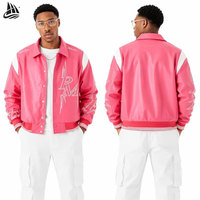 Veste universitaire de luxe personnalisée pour homme en cuir PU rose avec broderie lourde, style streetwear, fabriquée par un fabricant de blousons bomber
