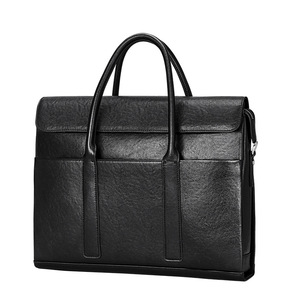 Men's Genuine <b>Leather</b> <b>Briefcase</b> Large Capacity Horizontal Square Tote Bag For Business Travel Black - Product Image 2
