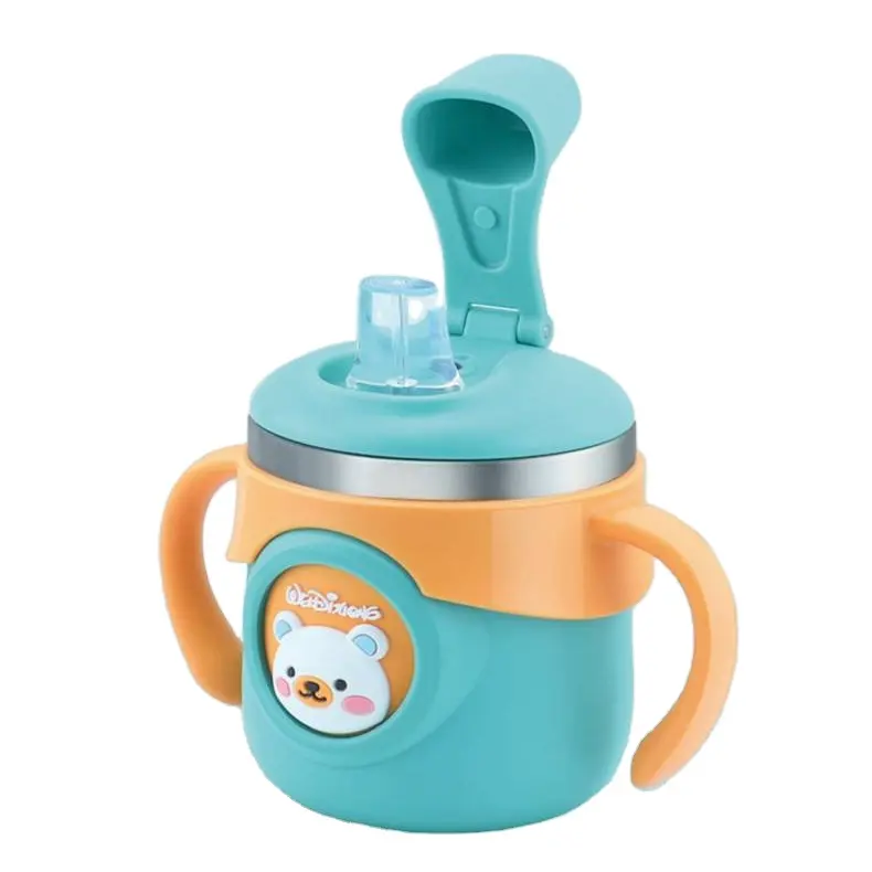 Customized Logo Cartoon Baby Sippy Training Water Milk Cup 316 Stainless Steel Cup With Straw