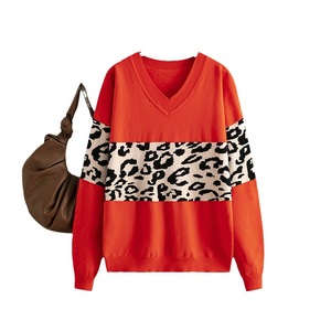 Abbigliamento da <span class=keywords><strong>donna</strong></span> autunno e inverno nuovo semplice scollo a V maglione abbinato leopardato da <span class=keywords><strong>donna</strong></span> - Product Image 1