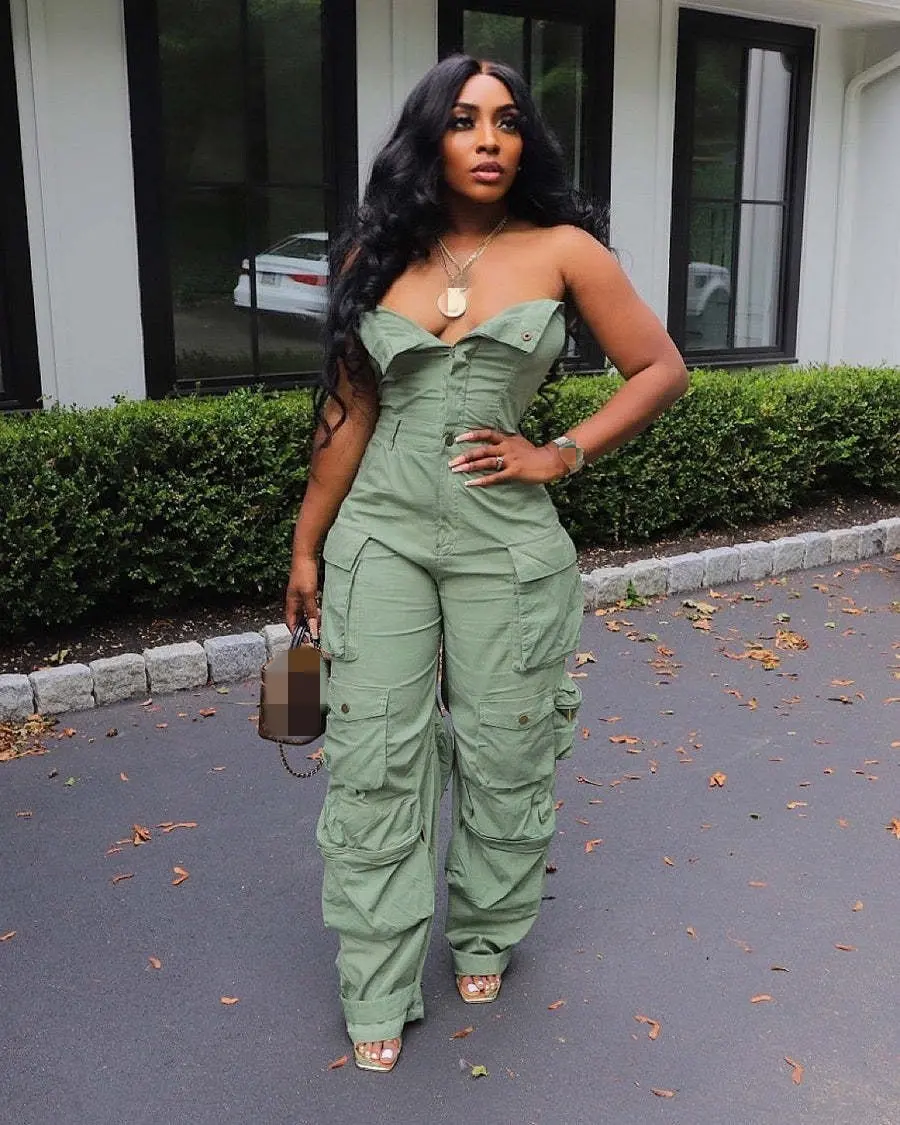 Sharee Hot Selling Sexy Cargo Jumpsuit Women Loose Fitting Button Rompers Wrap One Piece Playsuit Solid Jumpsuit Women