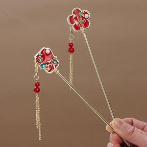 Horquilla para el pelo con borla roja y flor de perlas, elegante forma de abanico, estilo chino versátil, para fiesta Hanfu - Product Image 6