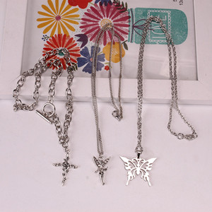 Fashion Layered Necklace Silver <b>Chain</b> Multi Layer <b>Cross</b> Fairy Butterfly Pendant Tibetan Silver Jewelry for Women - Product Image 3