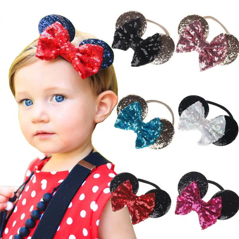 Elastik naylon bebek Headbands sevimli Sequins parlak fare kulaklar bebekler için iki renk Headbands