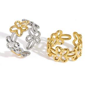 Anillo Abierto de Flor en Acero Inoxidable Chapado en Oro de 18K con Circonita Blanca Brillante, Ajustable, para Mujer, Joyería Floral J&D - Product Image 1