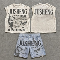 Ensemble T-shirt sans manches et short en jean déchiré pour homme, imprimé DTG personnalisé, 100% coton, motif graphique vintage, été