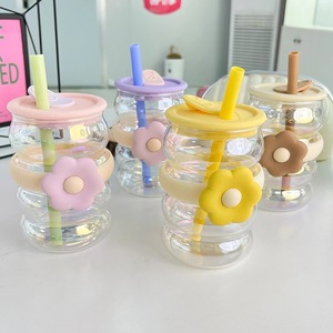 Fiore di vetro tazza di <span class=keywords><strong>caffè</strong></span> in vetro borosilicato alto con paglia di <span class=keywords><strong>caffè</strong></span> casa bollitore <span class=keywords><strong>freddo</strong></span> casa di nozze tazza di latte logo personalizzato impermeabile - Product Image 4