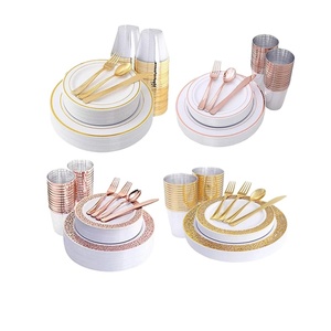 Ensemble <span class=keywords><strong>de</strong></span> vaisselle en plastique <span class=keywords><strong>rose</strong></span> doré fantaisie <span class=keywords><strong>de</strong></span> 350 pièces avec <span class=keywords><strong>serviette</strong></span> pour les occasions <span class=keywords><strong>de</strong></span> fête - Product Image 1