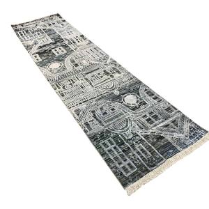 Alfombra Runner TRO-0115 Anudada a Mano de Lana y Seda con Paisaje Urbano para Pasillo, Sala de Estar, Moderna y Abstracta - Product Image 1