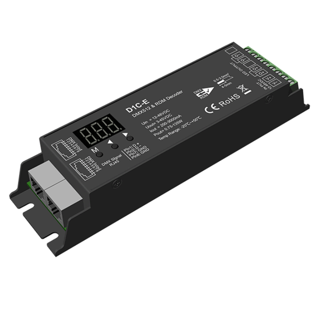 Skydance D1C-E 12-48VDC 250-3000mA Single Channel Constant Current DMX512 RDM Decoder 3-45VDC Output 135W Max Load Reverse