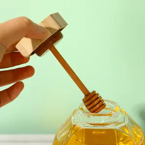 Unique Hexagon Clear Glass Honey Jar Natural Wood Lid Glass Honey Container With Wood Stirring Rod