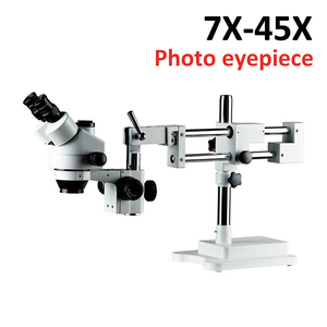 Suministro de fábrica 7-45X Simul Focal Zoom Microscopio óptico conjunto de lente doble brazo doble Boom Stand Microscopio trino - Product Image 6