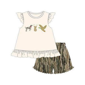 GSSO3335 Conjunto de verano personalizado para niña pequeña con estampado de pato, ciervo y cachorro, conjunto de pantalones cortos de verano para niña al por mayor - Product Image 1