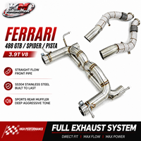 Système d'échappement sportif KM Premium SS304 pour Ferrari 488 Spider GTB Pista 3.9T V8, avec downpipes et silencieux arrière.