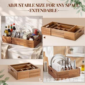 Japanese Style Wooden Extendable Cutlery <b>Storage</b> <b>Box</b> <b>Kitchen</b> Organizer With Compartments Standing Type Solid Wood Rectangular - Product Image 4