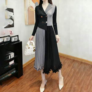 Elegant Color Block <b>Dress</b> Women Blazer Collar Pleated Ruffled Maxi <b>Dress</b> Bazar Wholesale <b>Summer</b> Clothes for Women - Product Image 1