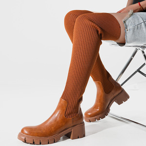 Bottes longues en tissu tricoté extensible, style luxueux, au-dessus du genou, pour femmes - Product Image 5