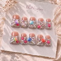 Lanzamiento de Marca ODM, Uñas Acrílicas PMMA Hechas a Mano con Curva Francesa Corta Tipo Pico de Pato, Uñas Postizas de Cobertura Completa 3D Doradas, 10 Piezas