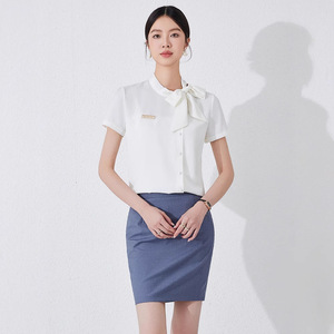Women's White Chiffon Blouse Slim Fit With Bow And Buttons For Hotel Uniforms - Product Image 5