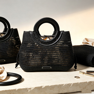 Stylish Vacation <b>Ladies</b> Black Mesh Woven Tote <b>Bag</b> Round Leather Handle Drawstring <b>Side</b> Beach Travel Handbag - Product Image 2