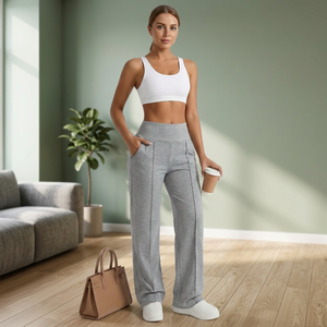 Pantalon large taille haute gris uni en maille extensible mélange polyester respirant à enfiler coupe ample longueur totale pour femme - Product Image 4