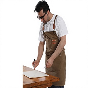Tablier de barbier professionnel IKZARSA en jean confortable sans manches avec sangles dorsales en cuir et toile marron - Product Image 1