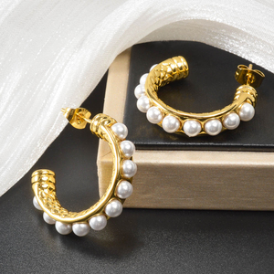 Pendientes de Aro de Perlas de Acero Inoxidable Chapados en Oro de 18K, Resistentes al Agua, Sin Deslustre, Joyería Minimalista Diaria para Mujer - Product Image 4