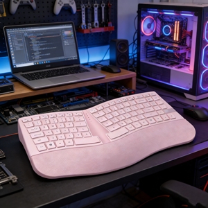 คีย์บอร์ดแบบกรรไกรตามหลักสรีรศาสตร์ พร้อมที่รองข้อมือหนัง 84 ปุ่ม ชาร์จผ่าน Type-C เชื่อมต่อไร้สาย 2.4G RF+BT แบตเตอรี่ Li 1000mAh - Product Image 3