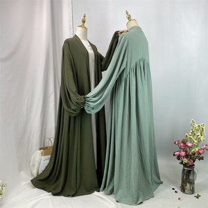 Popular Abaya Elastic Cuff Big Lantern Sleeves Pleated Design With Side Pockets Ramadan Muslim Women Modest Cardigan 1969# - Product Image 4