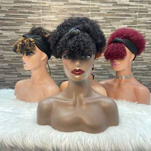 Stock <span class=keywords><strong>de</strong></span> perruques <span class=keywords><strong>de</strong></span> <span class=keywords><strong>cheveux</strong></span> humains vierges Afro Curly Pixie Ic Silk Headband # 1B Natural Black Fluffy Heat-Resistant African Women Boom Wigs - Product Image 5