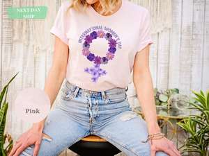 T-shirt per la Giornata Internazionale della Donna, da donna, a maniche corte, con stampa floreale, girocollo, 100% cotone, casual, primavera estate, vestibilità regolare - Product Image 3