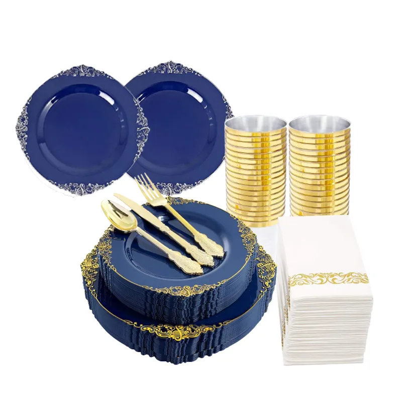 깨지지 않는 플라스틱 식기 세트 네이비 블루 웨딩 플라스틱 접시 세트 파티 장식 접시 식기 세트