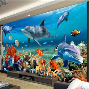 <span class=keywords><strong>Papier</strong></span> <span class=keywords><strong>peint</strong></span> personnalisé 3D poisson dauphin sous-marin Mural 3D imperméable pour chambre de literie pour enfants Mural d'<span class=keywords><strong>aquarium</strong></span> pour enfants - Product Image 3