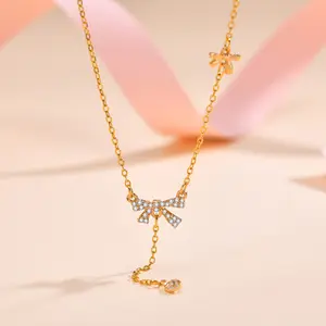 Adjustable Stainless Steel Chain Drop Y Shape Cubic Zirconia Bow Knot Pendant Necklaces For Women