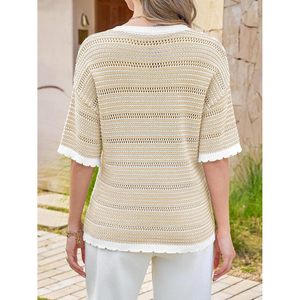 Women's Summer Striped Cropped Knit Top Short Sleeve Crew Neck Casual Breathable <b>Sweater</b> <b>Pullover</b> - Product Image 3