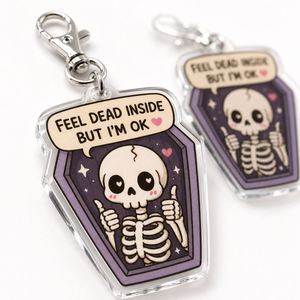 Portachiavi in acrilico personalizzato con scheletro e bara, stile Kawaii Goth, con scritta 'Sento di essere morto dentro ma sto bene', ciondolo divertente per borsa, regalo divertente, all'ingrosso - Product Image 3