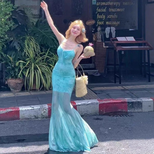 Light Green Mesh Mermaid Bodycon Dress Strapless Long Beach Vacation Sundress For Women Polyester Fabric Splicing Design - Product Image 1