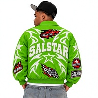 Veste bomber de course verte personnalisée pour homme avec patchs brodés, veste varsity streetwear, veste de mode avec logo personnalisé