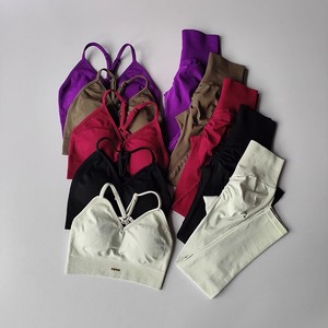 Set <span class=keywords><strong>Bra</strong></span> olahraga wanita, celana ketat pinggang tinggi Eropa Amerika dan tanpa jejak, cepat kering cetak Solid, Legging Yoga ukuran Plus - Product Image 1