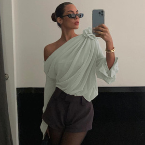Tops de Gasa con Malla y Apliques Florales con Cuello Asimétrico, Blusas y Camisas <span class=keywords><strong>Elegantes</strong></span> para <span class=keywords><strong>Mujer</strong></span>, Tops Cortos de Moda, Camiseta Transparente - Product Image 6