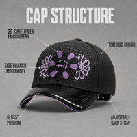 Casquettes de baseball en cuir PU avec broderie florale, visière incurvée et passepoil contrastant, unisexe, vente en gros, commande en gros, stock disponible, faible MOQ