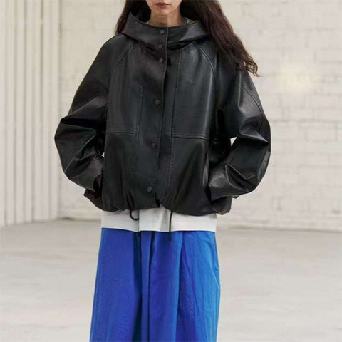 5208 Women's New Autumn and Winter Genuine Leather Sheepskin Casual Style Silhouette Short Loose Drawstring Hooded Coat