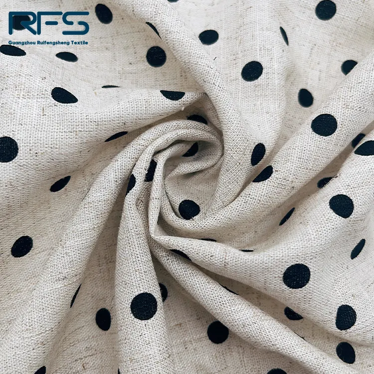 Grosir diskon besar cetakan pola dot 110gsm 30% linen 70% kain campuran viscose untuk pakaian